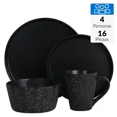 JUST HOME COLLECTION - Juego de Loza 16 Piezas Cerámica Mármol Negro