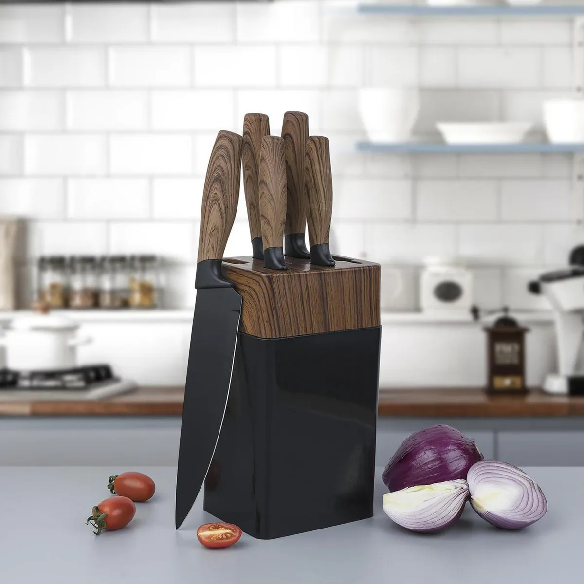 JUST HOME COLLECTION - Set 6 cuchillos Acero Inoxidable Mango Look Madera con Base