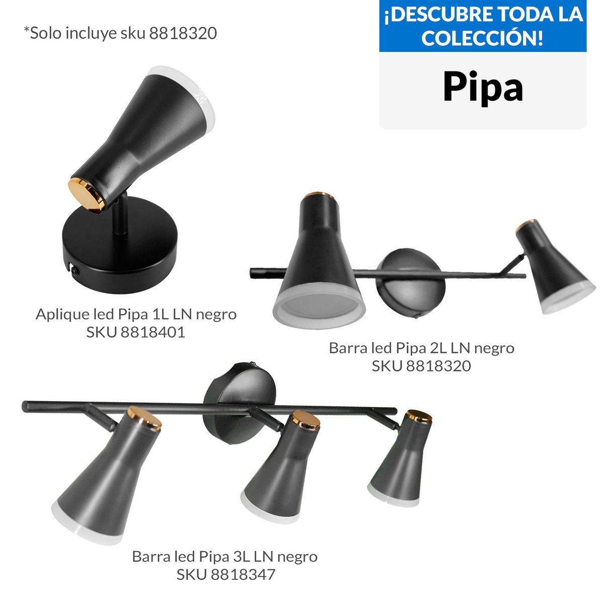 JUST HOME COLLECTION - Barra Led Pipa 2 Luces Metal Negro