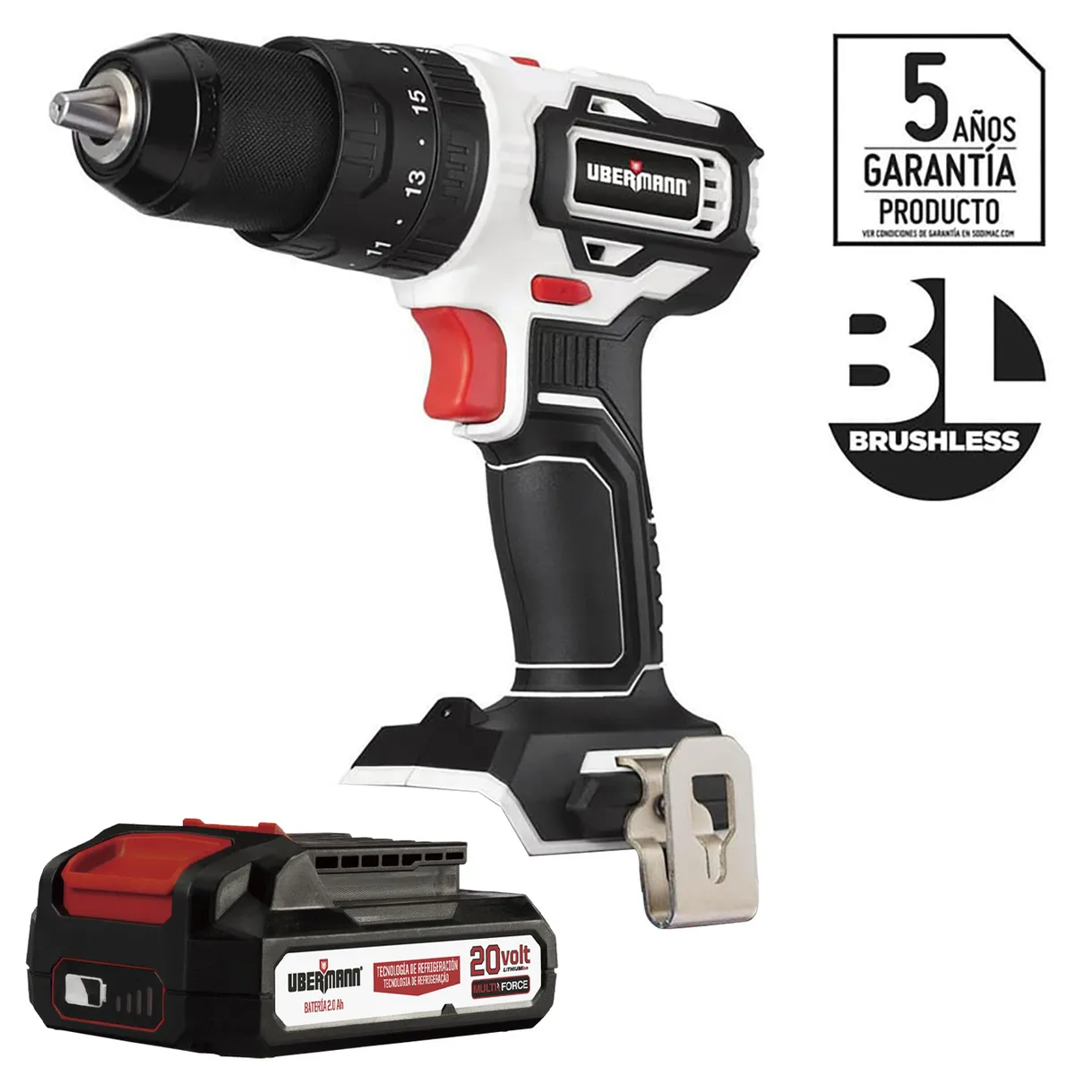 UBERMANN - Taladro Percutor Inalámbrico 13 mm 20 V Brushless +1 Batería 2AH + Cargador