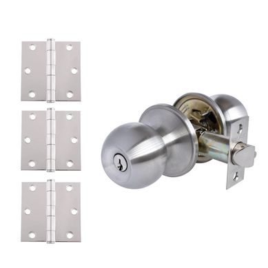Set cerradura pomo + 3 bisagras niquel