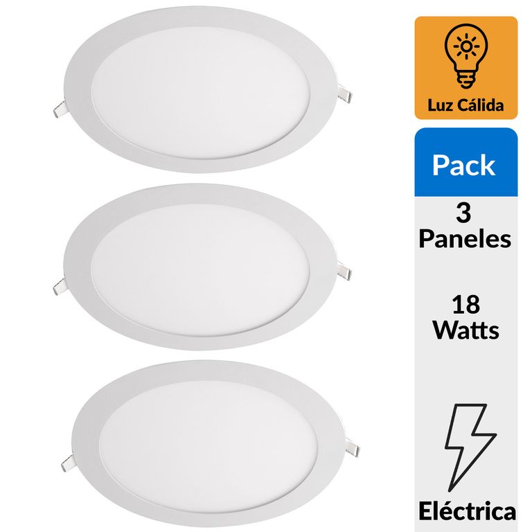 Pack 3 Panel Led Empotrado Circular Blanco 18W Luz Cálida | Sodimac Chile