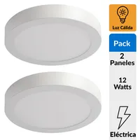 Pack 2 Panel Led Sobrepuesto Circular Blanco 12W Luz Cálida