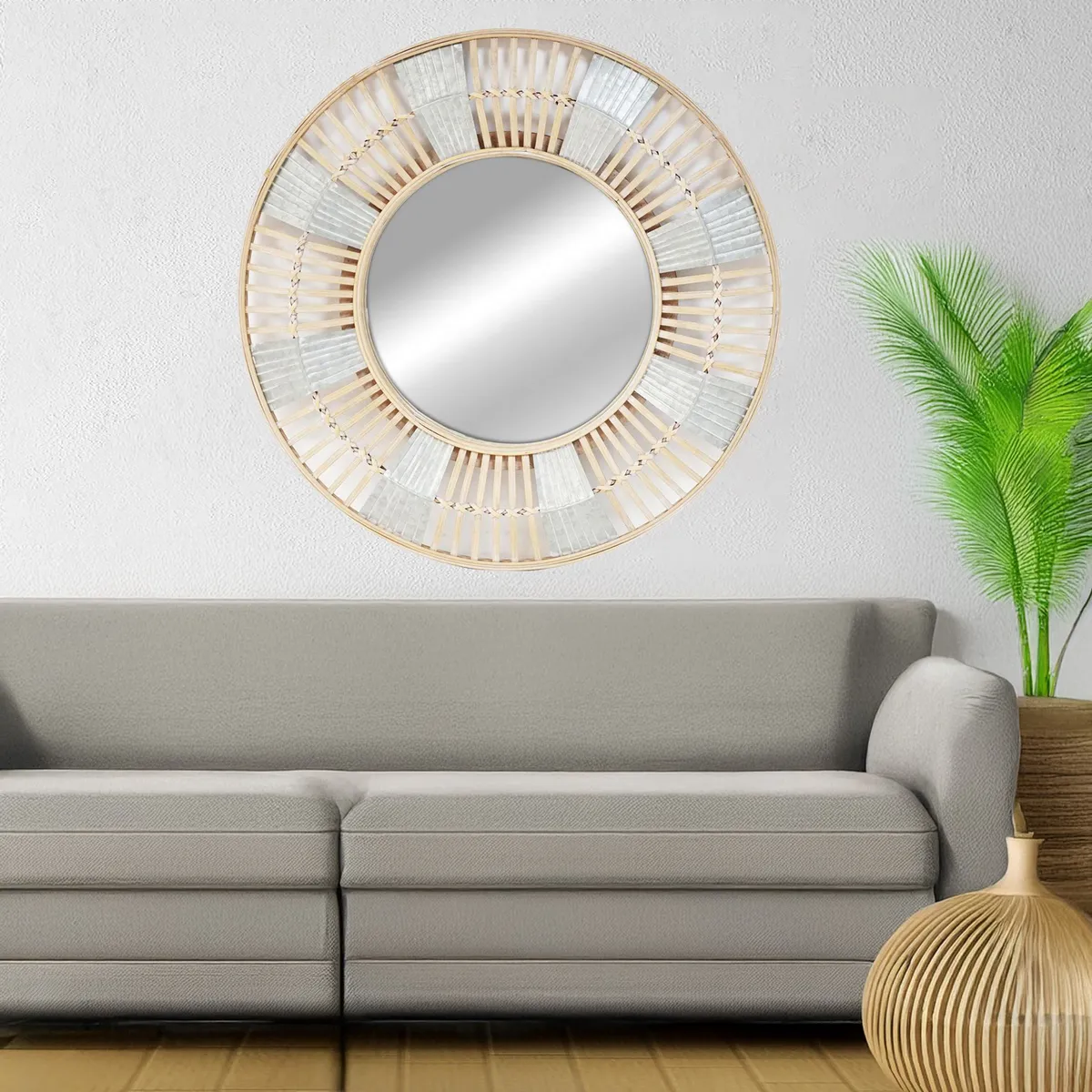 HOMY - Espejo Decorativo Forma Redonda 71x71 cm Beige Bambu