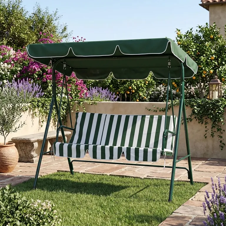 Sillón columpio de terraza 3 personas rayas verde