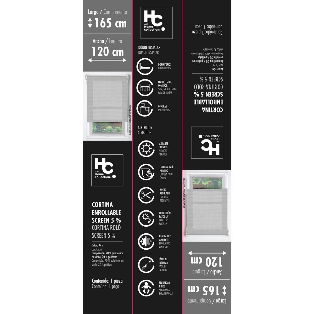 JUST HOME COLLECTION - Cortina roller screen 5% 120x165 cm gris