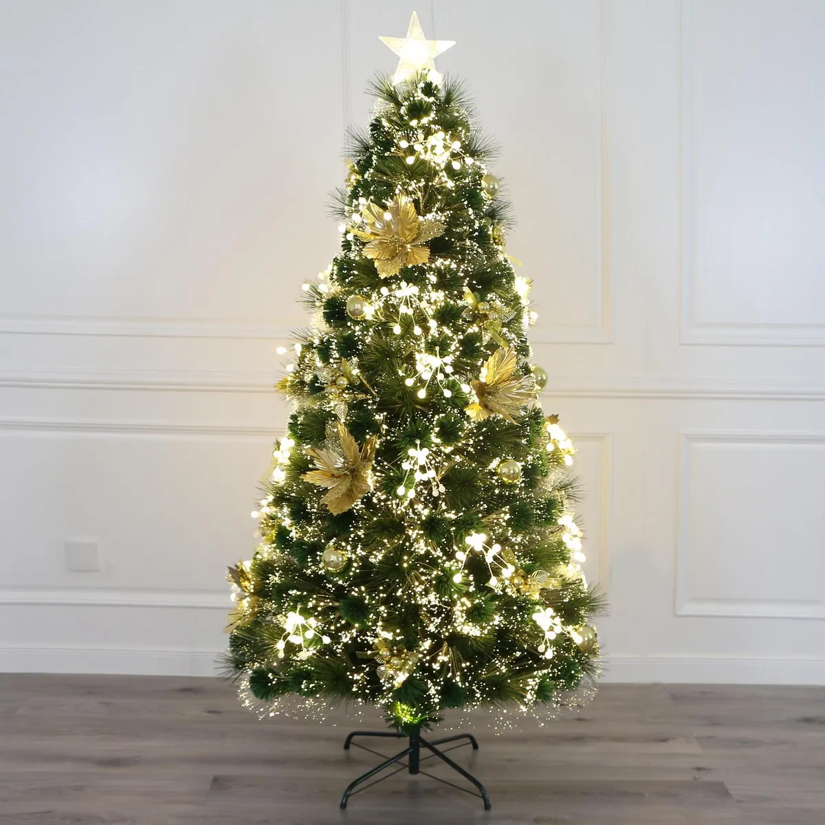 DEAR SANTA - Árbol Navidad con Luces Fibra Óptica y Adornos 95x210 cm Verde/Dorado