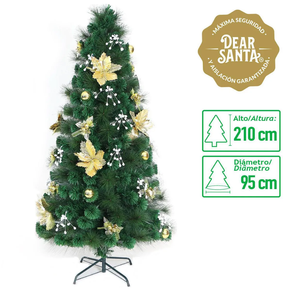 DEAR SANTA - Árbol Navidad con Luces Fibra Óptica y Adornos 95x210 cm Verde/Dorado