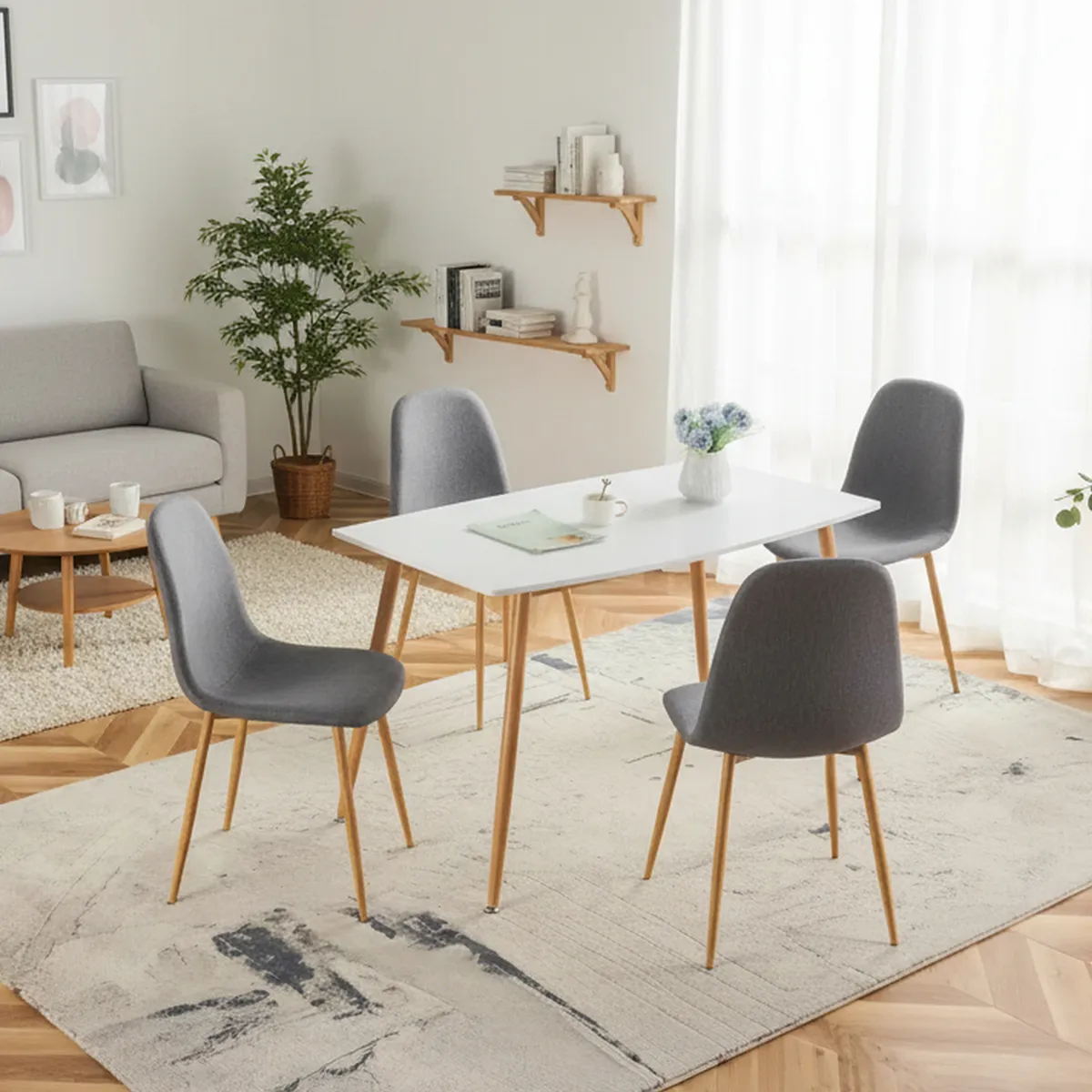 JUST HOME COLLECTION - Juego de Comedor 4 Sillas Mesa Rectangular 70x76x120 cm Blanco