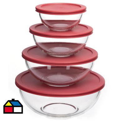 Set 4 bowl mixto vidrio tapa roja