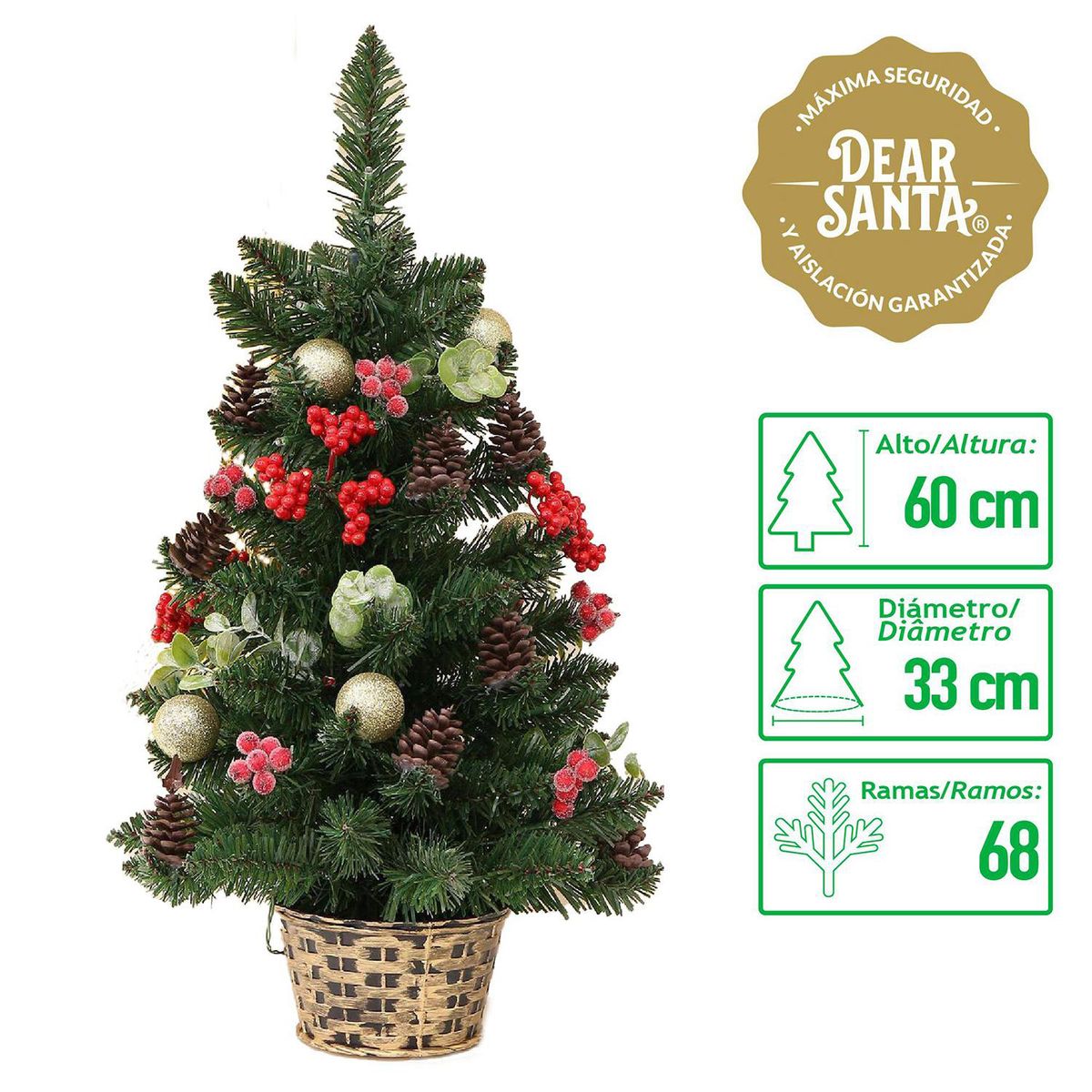 DEAR SANTA - Árbol Navidad Pequeño 33x60cm con Luces 60 Ramas 20 Luces