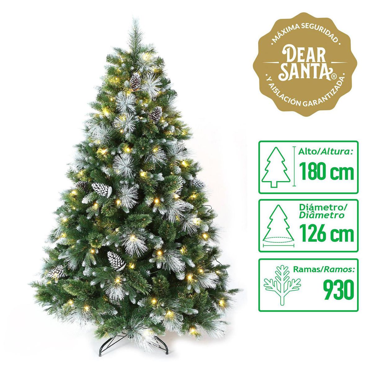 DEAR SANTA - Árbol de Navidad 930 Ramas 330 Luces126 x 180 cm Verde