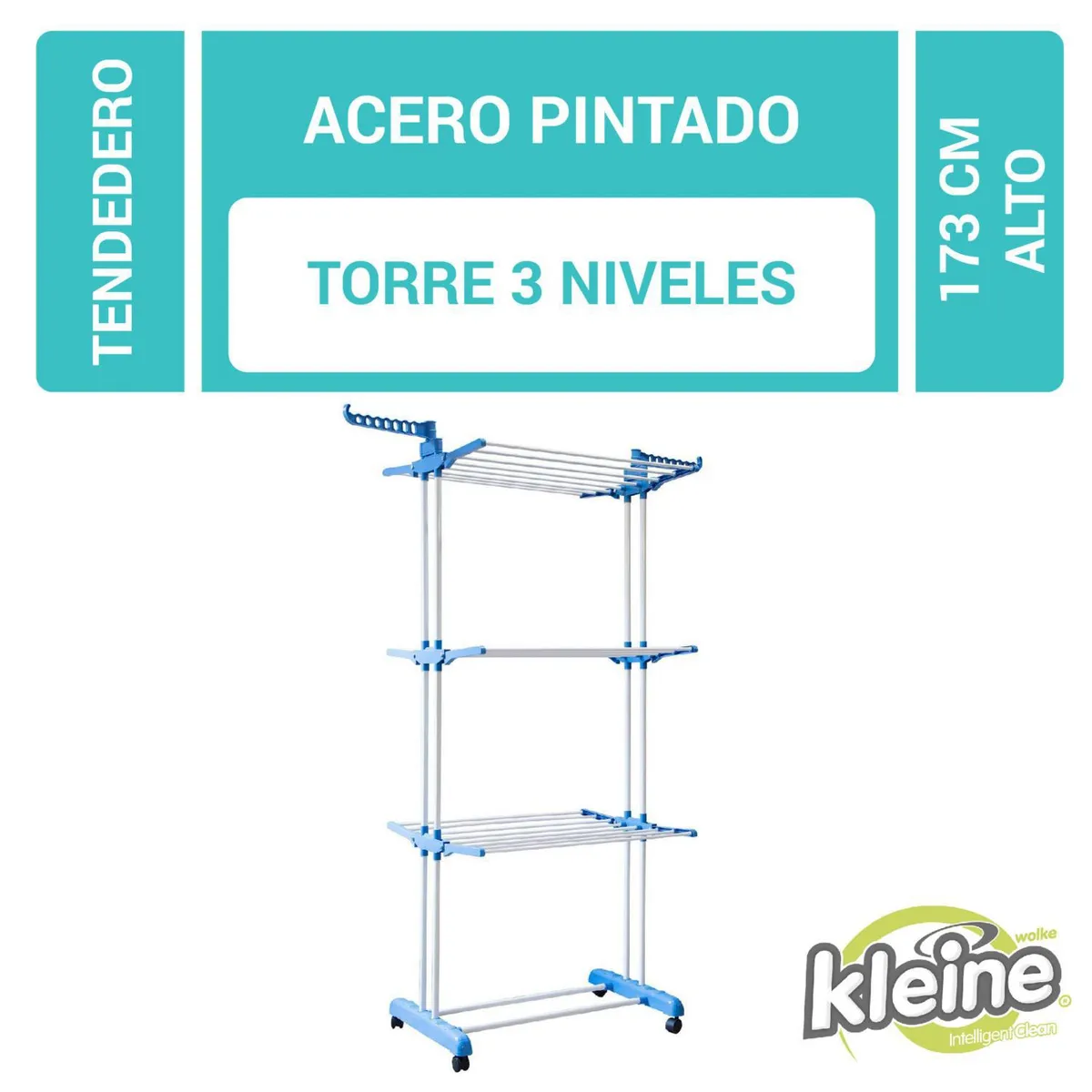 KLEINE WOLKE - Tendedero de Ropa Torre 3 Niveles Plegable Acero 64x73x173 cm Blanco/Celeste