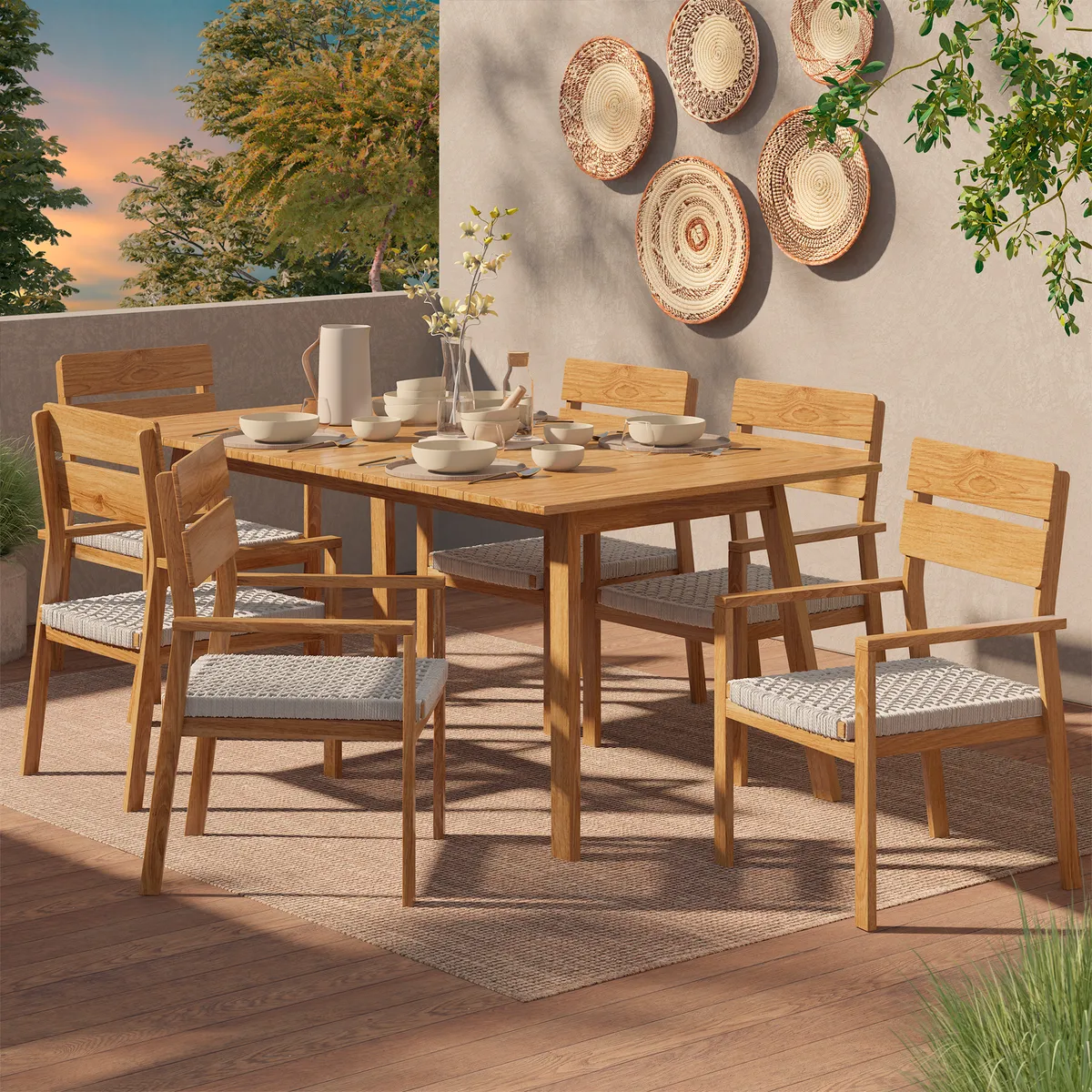 JUST HOME COLLECTION - Juego de Terraza Comedor Madera 6 Personas Natural