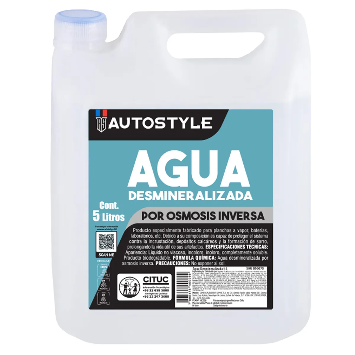AUTOSTYLE - Agua Desmineralizada Autostyle 5 Litros para Batería y Radiador