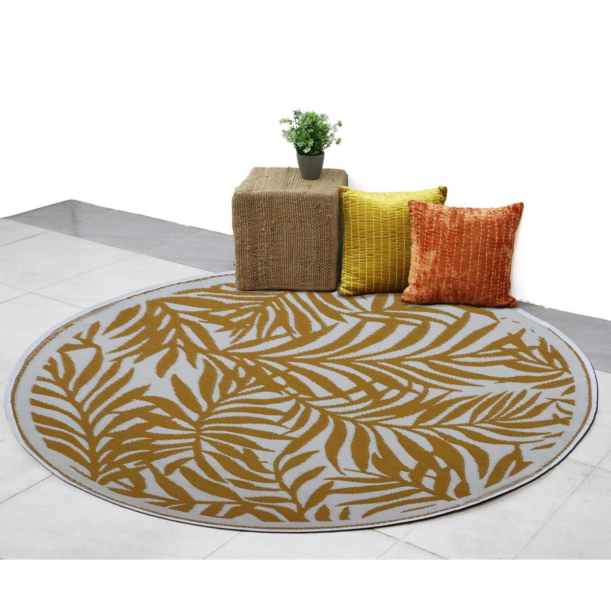 JUST HOME COLLECTION - Alfombra Terraza Vintage 180x180 cm Polipropileno Mostaza/Blanco