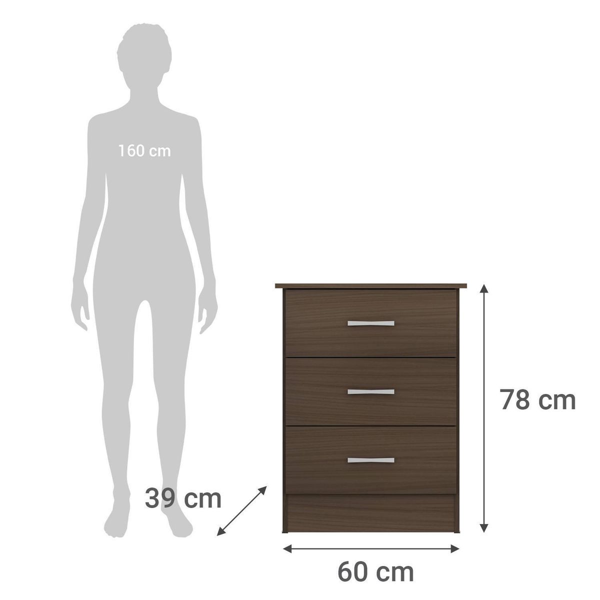 CASA BONITA - Cómoda 3 Cajón 60x78x39 cm Avellana