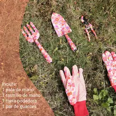ERGO - Set jardinería: rastrillo de mano + pala de mano + tijera + guantes