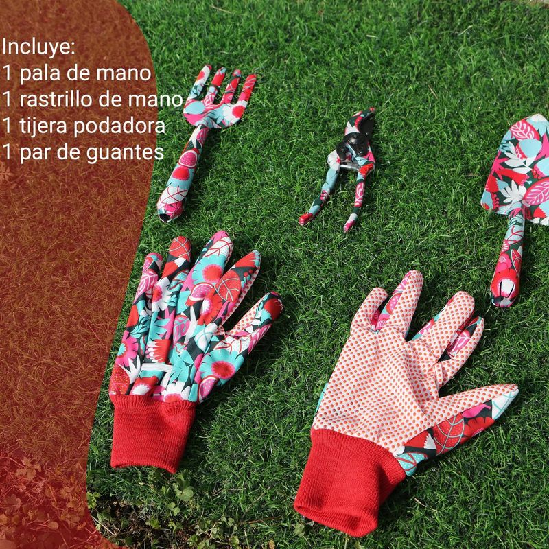 ERGO - Set jardinería: rastrillo de mano + pala de mano + tijera + guantes