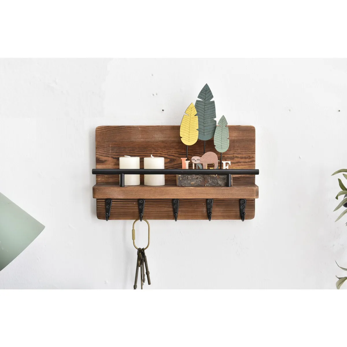 JUST HOME COLLECTION - Perchero Pared con 5 Ganchos Madera Café/Negro 30x18x8 cm