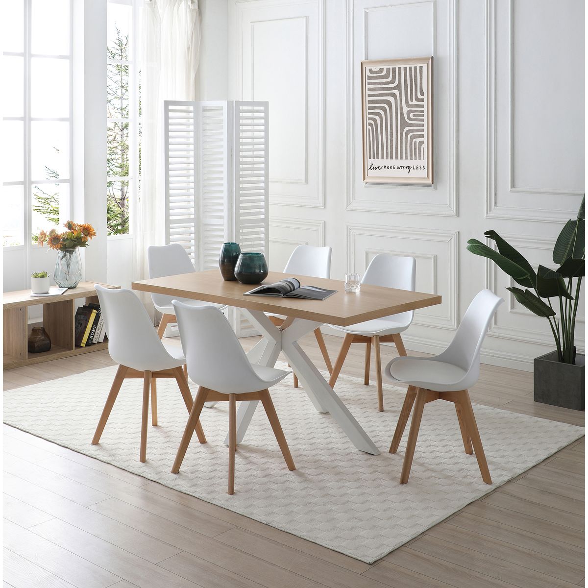 JUST HOME COLLECTION - Juego de Comedor 6 Sillas Mesa Rectangular 150x80x75 cm Madera/Blanco