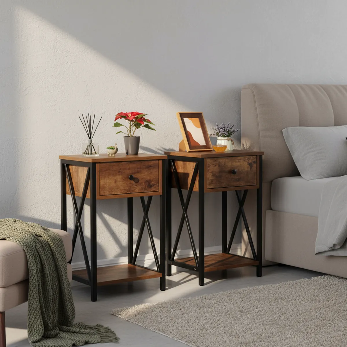 JUST HOME COLLECTION - Set 2 Veladores 2 Cajónes 30x60x40 cm Café/Negro