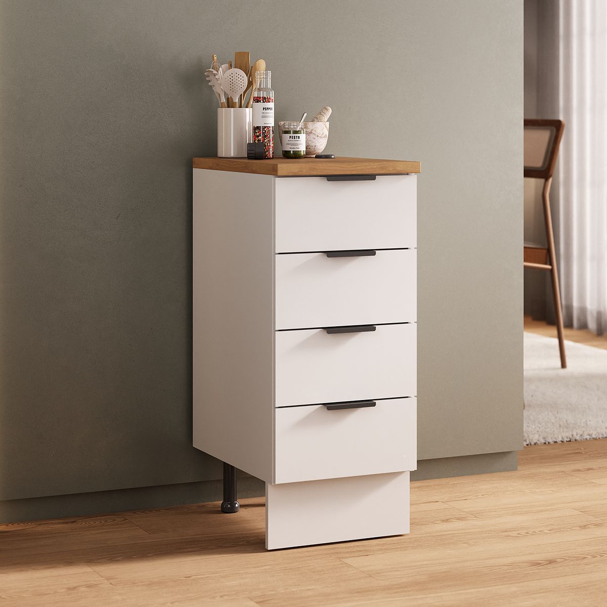 JUST HOME COLLECTION - Mueble de cocina base blanco 4 cajones con cubierta