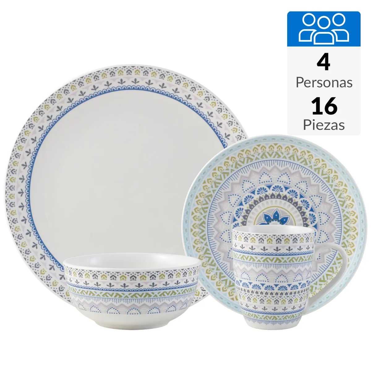 JUST HOME COLLECTION - Juego de Loza 16 Piezas Porcelana Multicolor