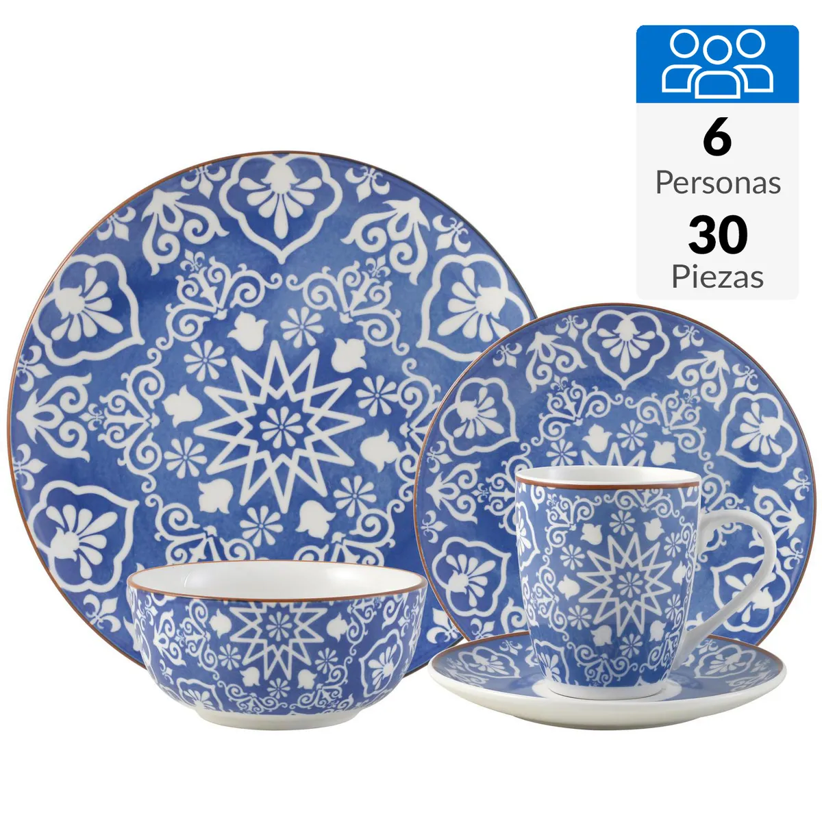 JUST HOME COLLECTION - Juego de Loza 30 Piezas Porcelana Azul y Blanco 6 Personas