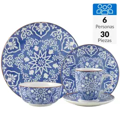 JUST HOME COLLECTION - Juego de Loza 30 Piezas Porcelana Azul/Blanco