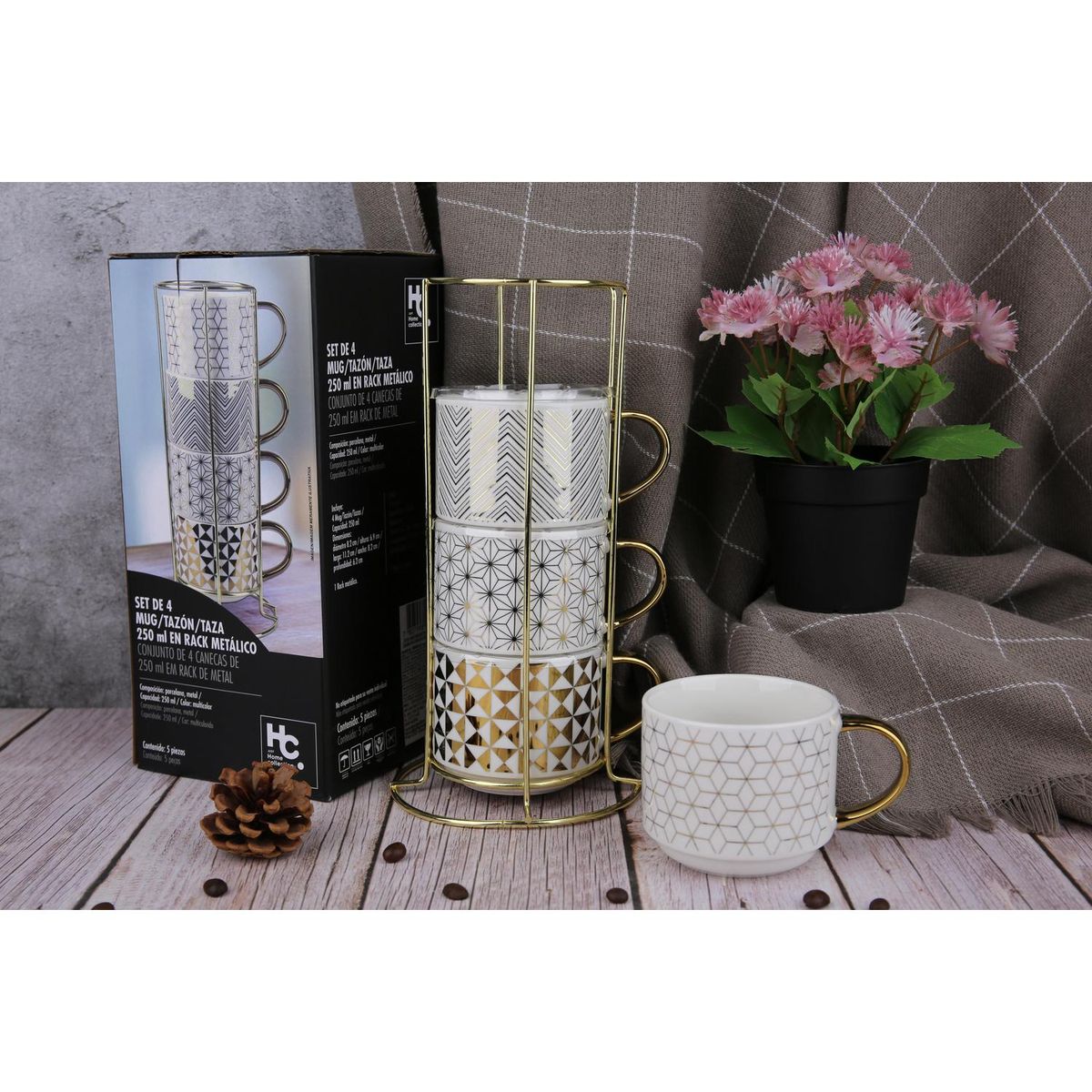 JUST HOME COLLECTION - Set 4 mug 250 ml con rack metálico