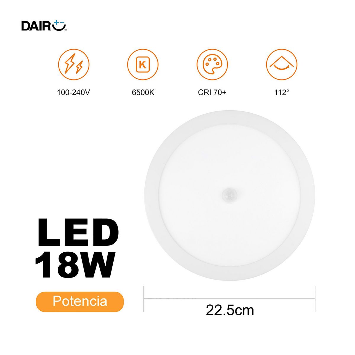 DAIRU - Panel Led Sobrepuesto Blanco Plástico con Sensor 18 W Luz Fría
