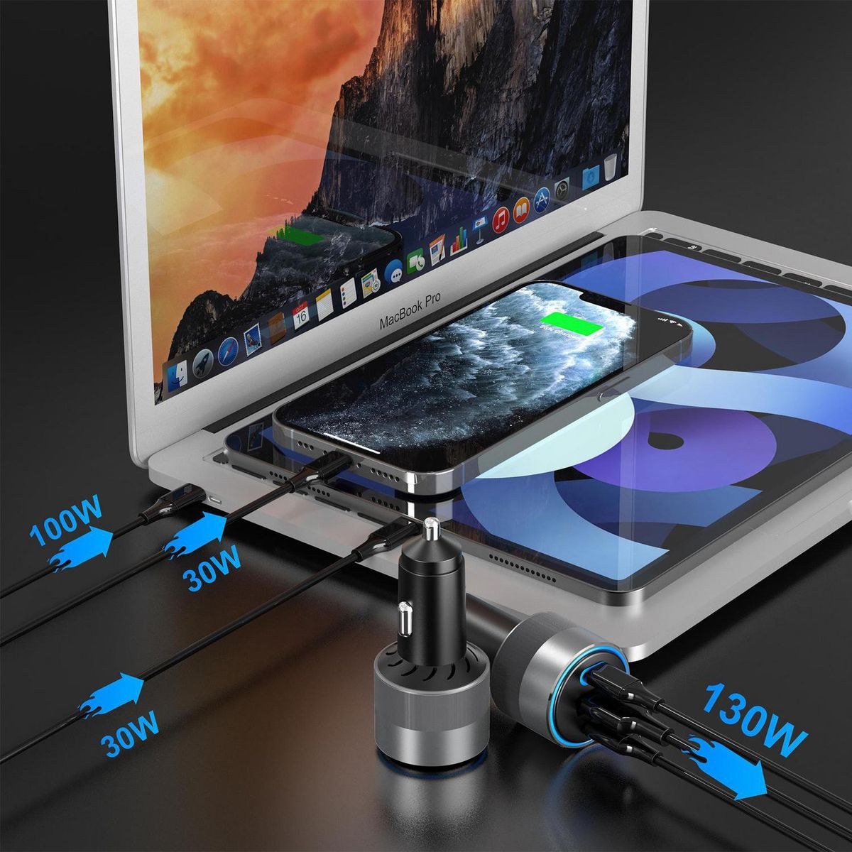 AUTOSTYLE - Cargador Auto de Carga Súper Rápida 130 W con 3 Puertos 12V/24V