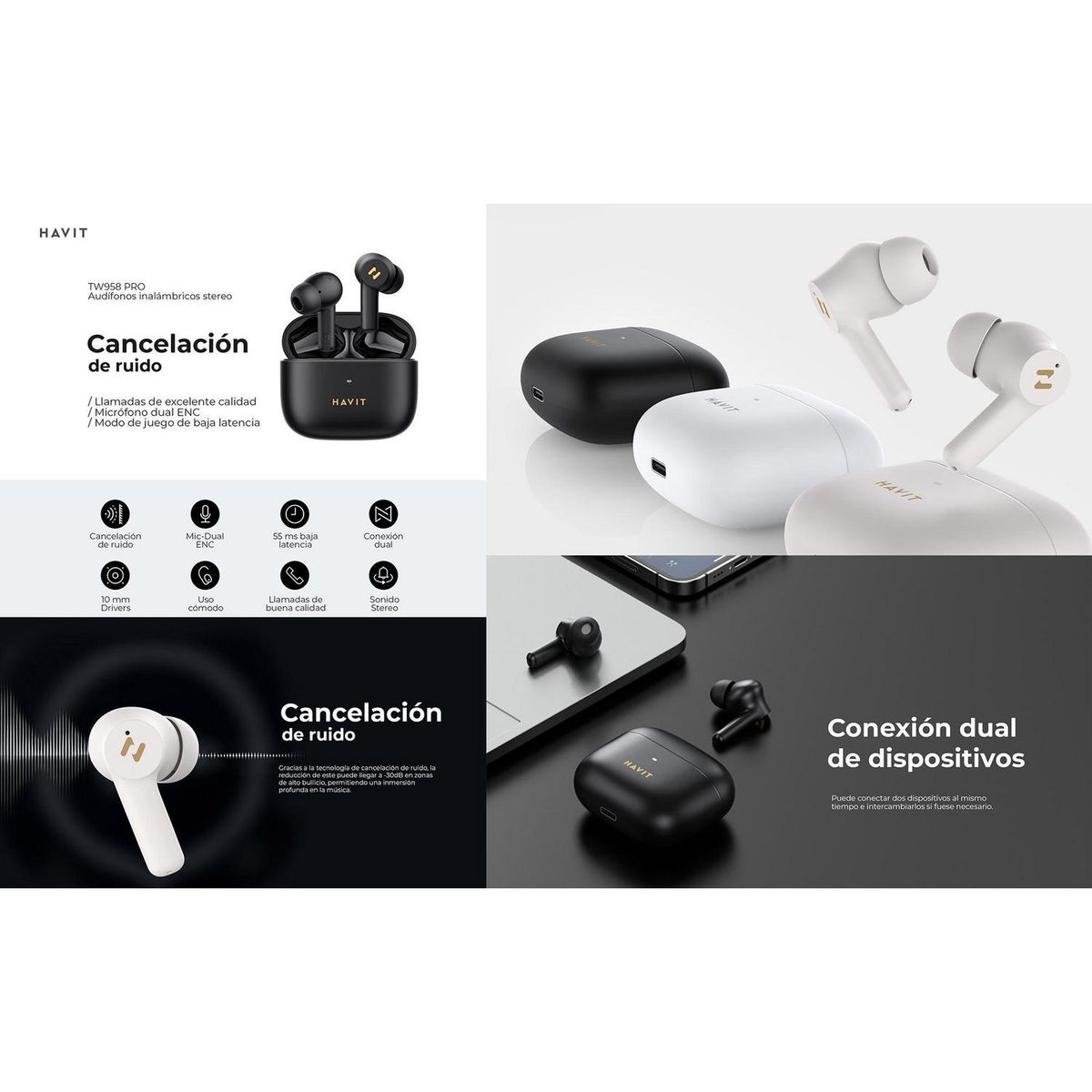 HAVIT - Audífono cancelación de ruido inalámbrico