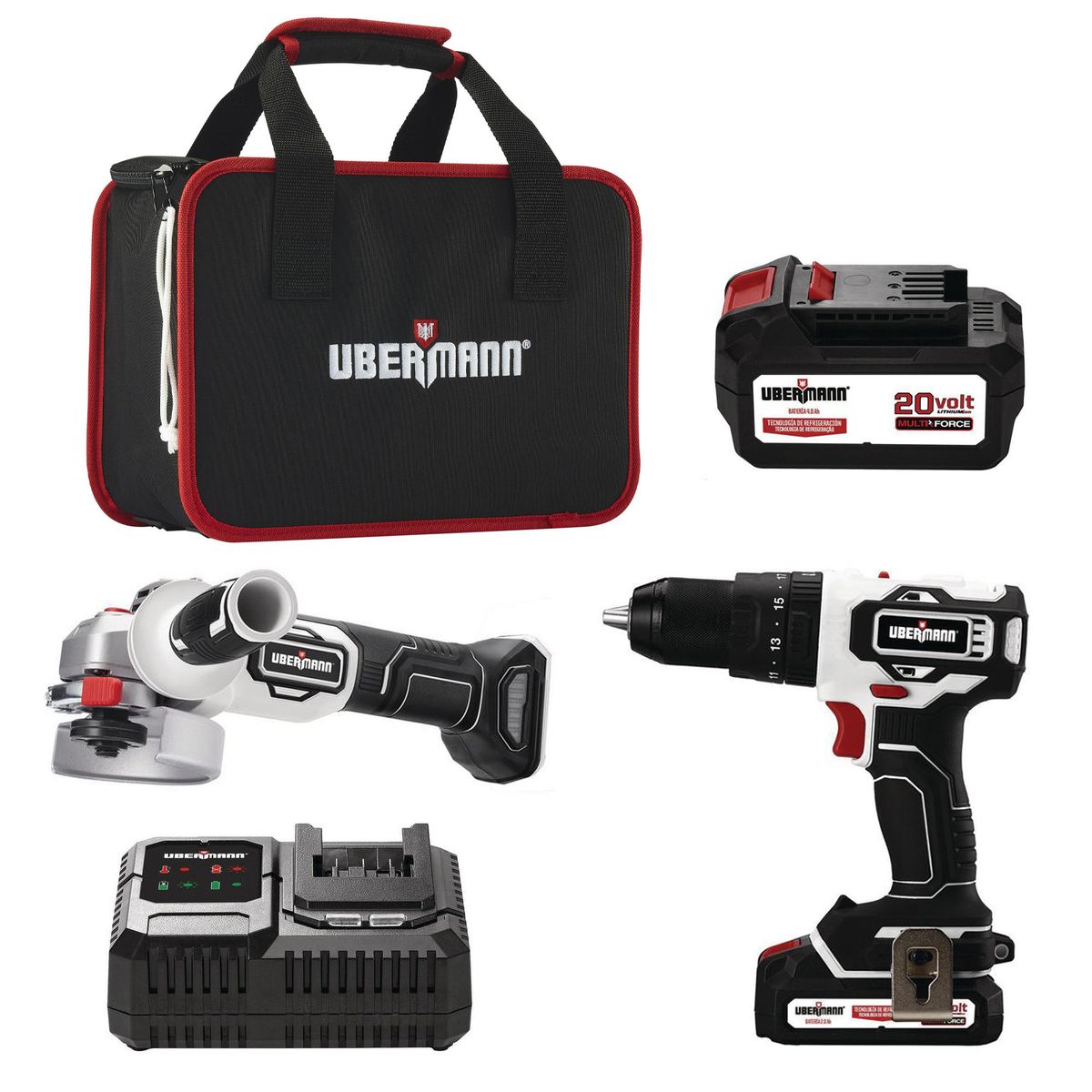 UBERMANN - Kit Taladro Percutor 20 V+ Esmeril 4 1/2" 20 V + 2 Baterías 2AH + Cargador