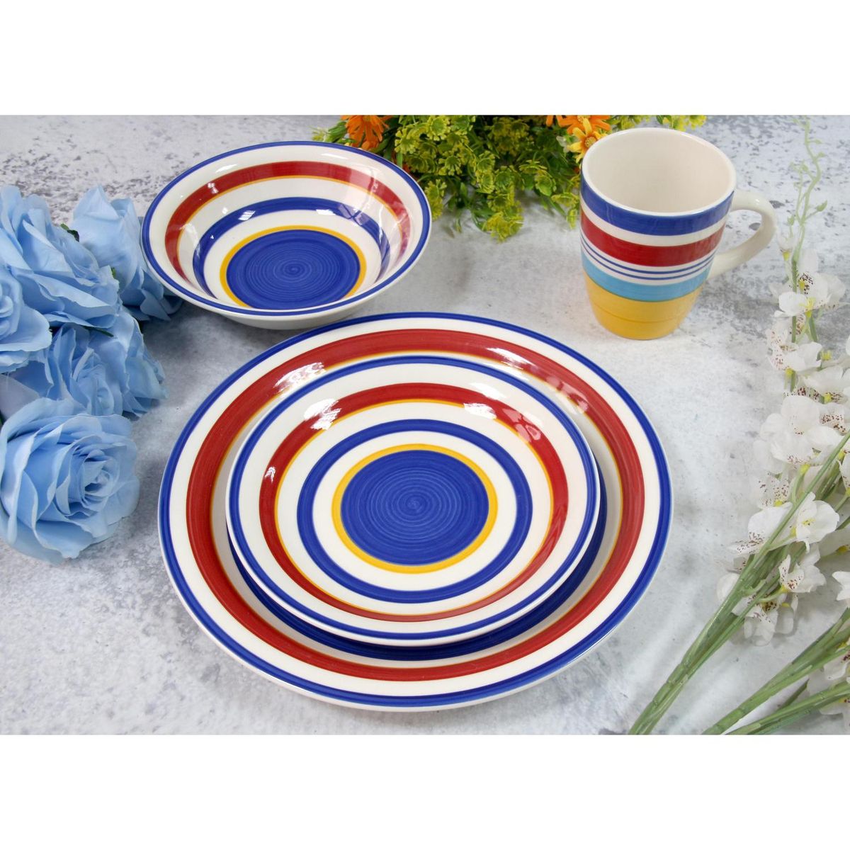 JUST HOME COLLECTION - Juego de Loza 16 Piezas Cerámica Rayas Multicolor