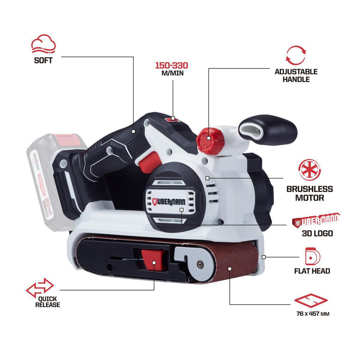 UBERMANN - Lijadora de Banda Inalámbrica 3x18" 20 V Brushless sin Batería