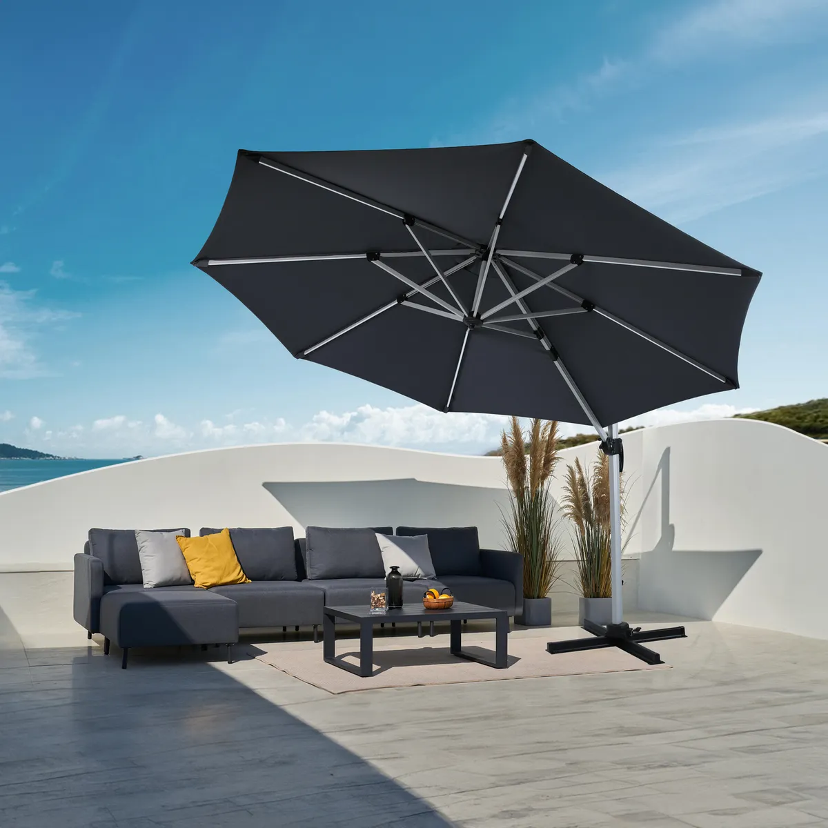 JUST HOME COLLECTION - Quitasol Lateral Barras con Luz Led Poliéster 3x2.52 metros Gris