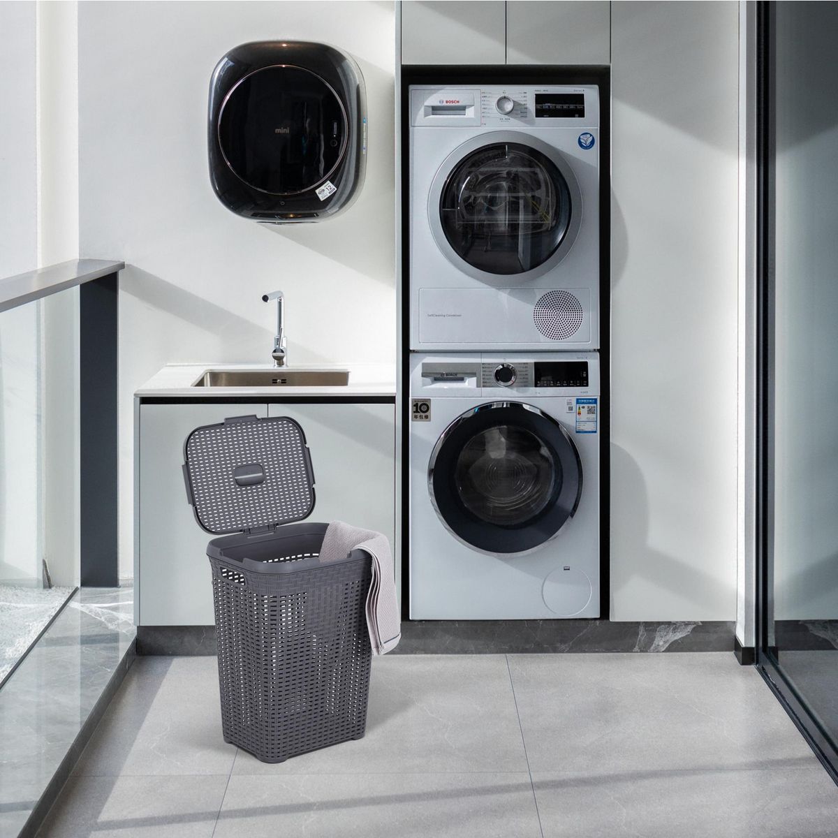 KLEINE WOLKE - Cesto de ropa con tapa gris 70 l