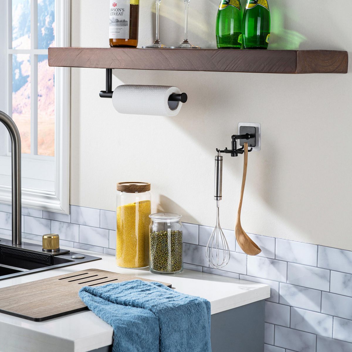 SENSI DACQUA - Portapapel Cocina adhesivo + Gancho cocina adhesivo negro