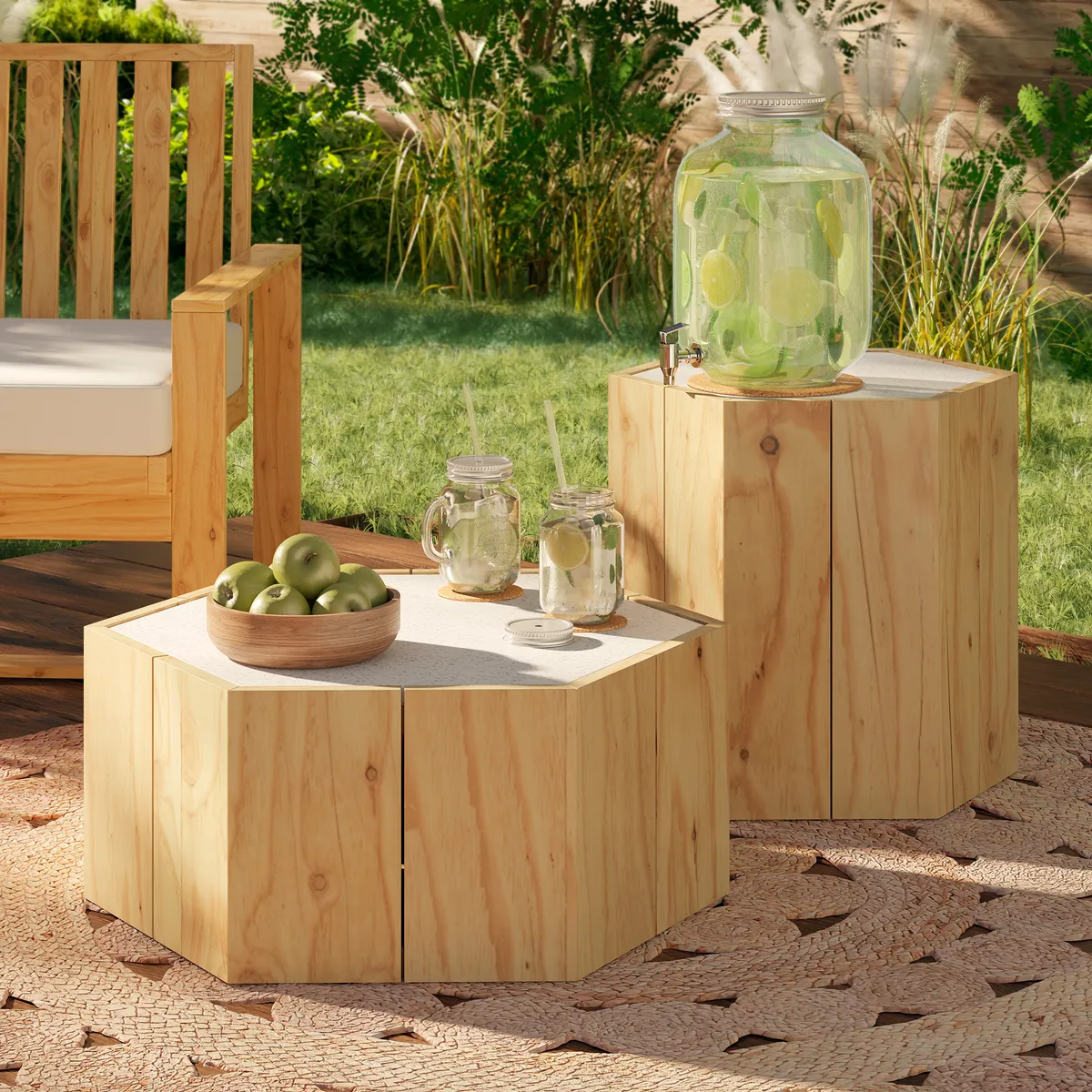 JUST HOME COLLECTION - Set de 2 Mesas de Apoyo Terraza Madera Natural Teca y Mármol