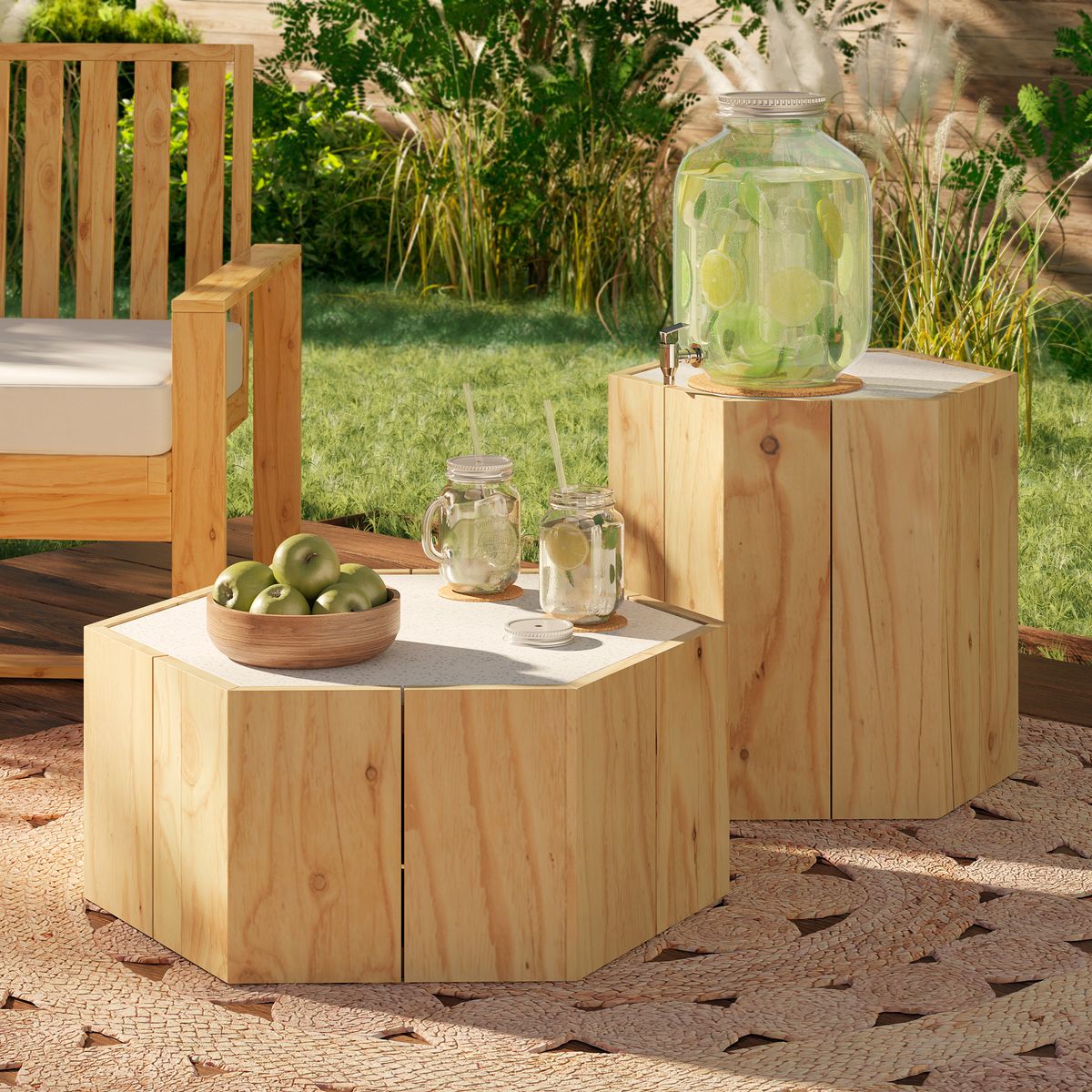 JUST HOME COLLECTION - Set de 2 Mesas de Apoyo Terraza Madera Natural Teca y Mármol