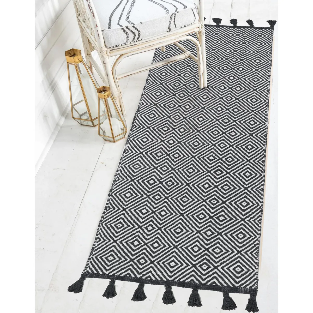 JUST HOME COLLECTION - Alfombra Pasillo Algodón 60x200 cm Blanco/Gris