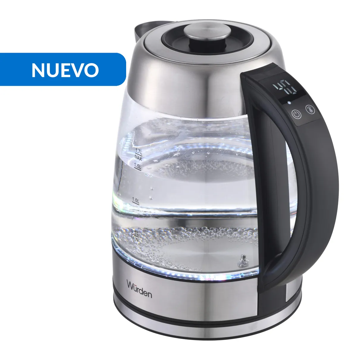 WURDEN - Hervidor Selector Temperatura Panel Digital Touch 1.7 Litros Plata; Transparente WKET-GLASSTEM