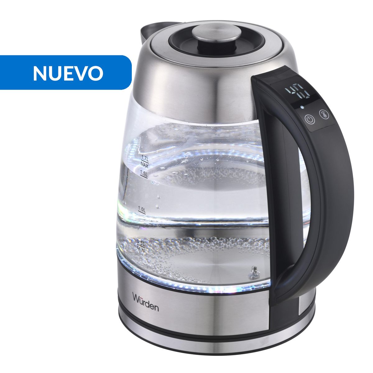 WURDEN - Hervidor Selector Temperatura Panel Digital Touch 1.7 Litros Plata; Transparente WKET-GLASSTEM