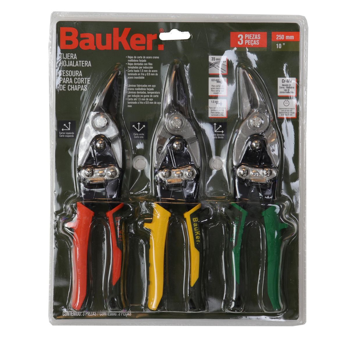 BAUKER - Set de tijeras hojalateras 10" acero 3 unidades