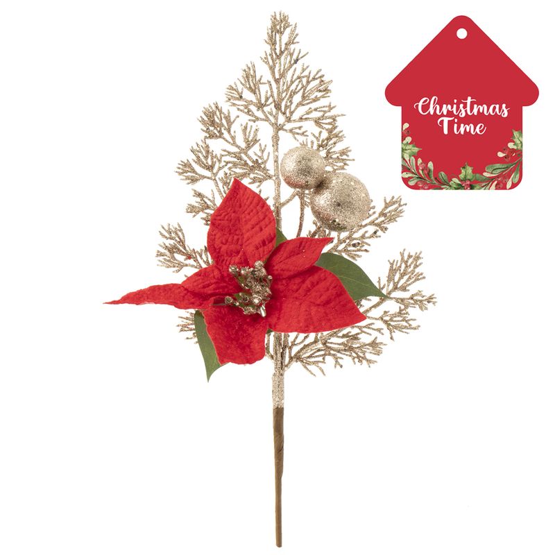 DEAR SANTA - Rama poinsettia roja/hoja 40 cm