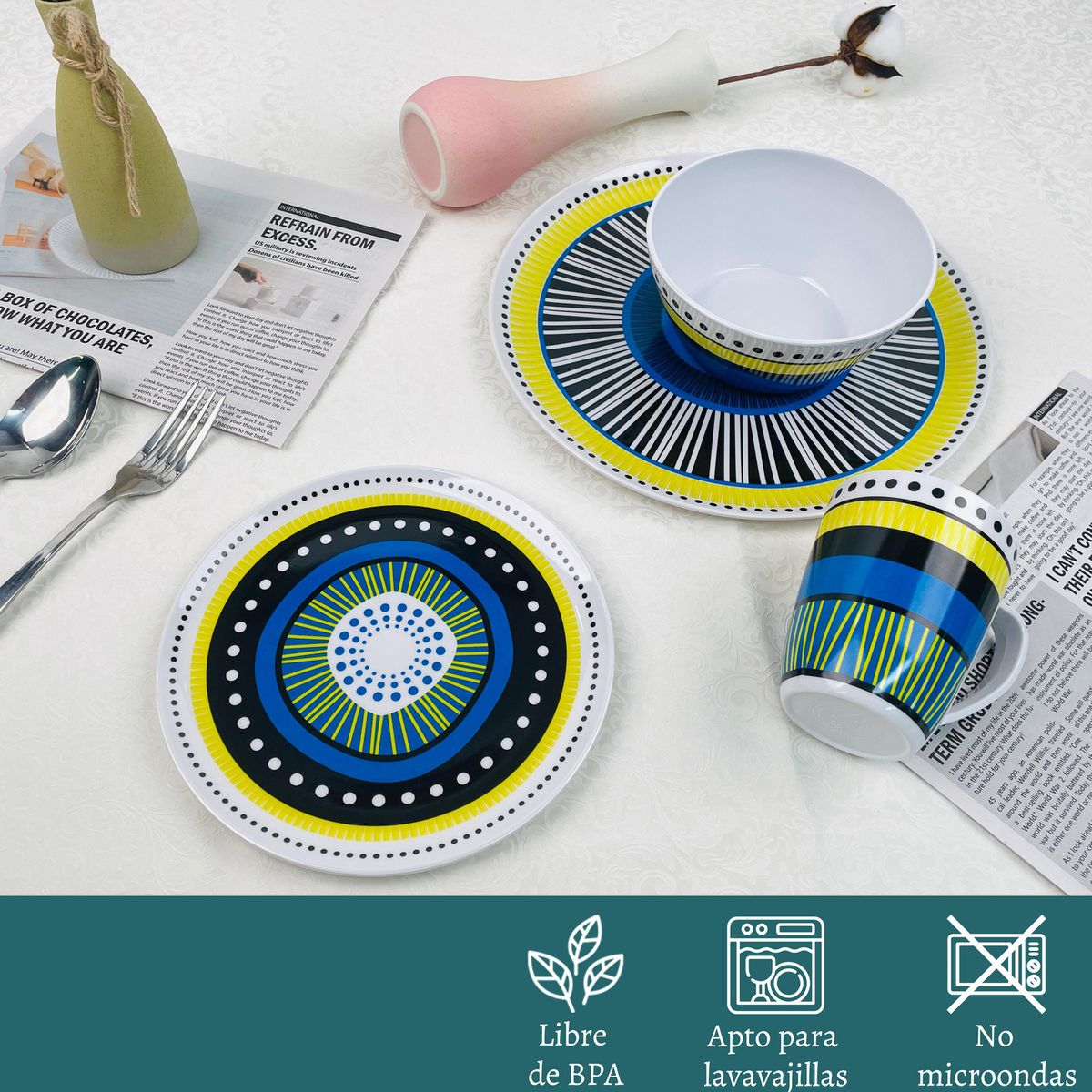 CASA BONITA - Juego de Loza 16 Piezas Melamina Vajilla Blanco/Azul
