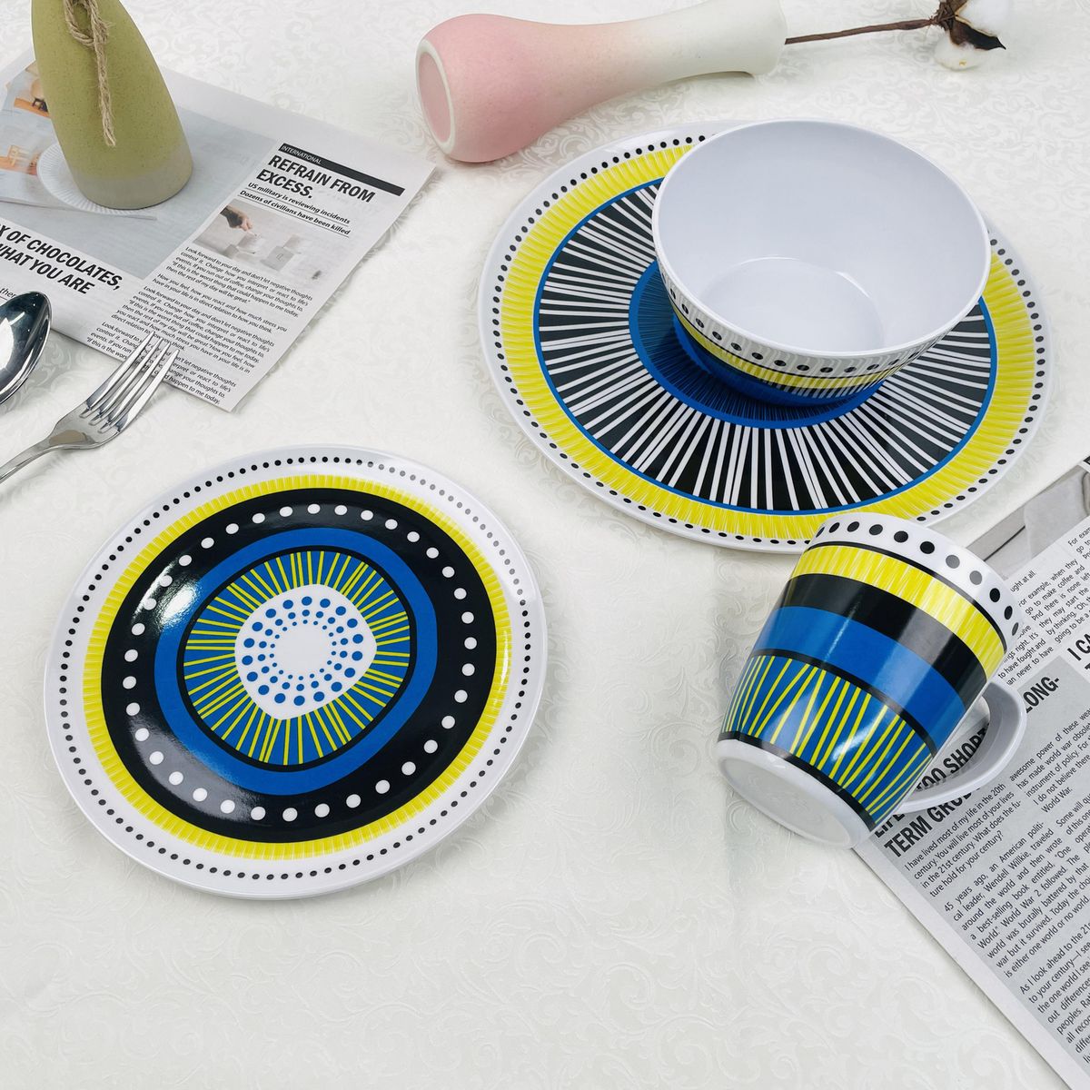 CASA BONITA - Juego de Loza 16 Piezas Melamina Vajilla Blanco/Azul