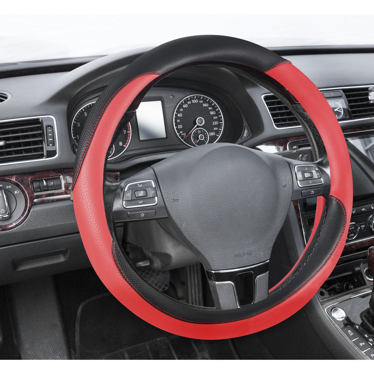 AUTOSTYLE - Cubre volante Ecocuero 38 cm Negro/Rojo